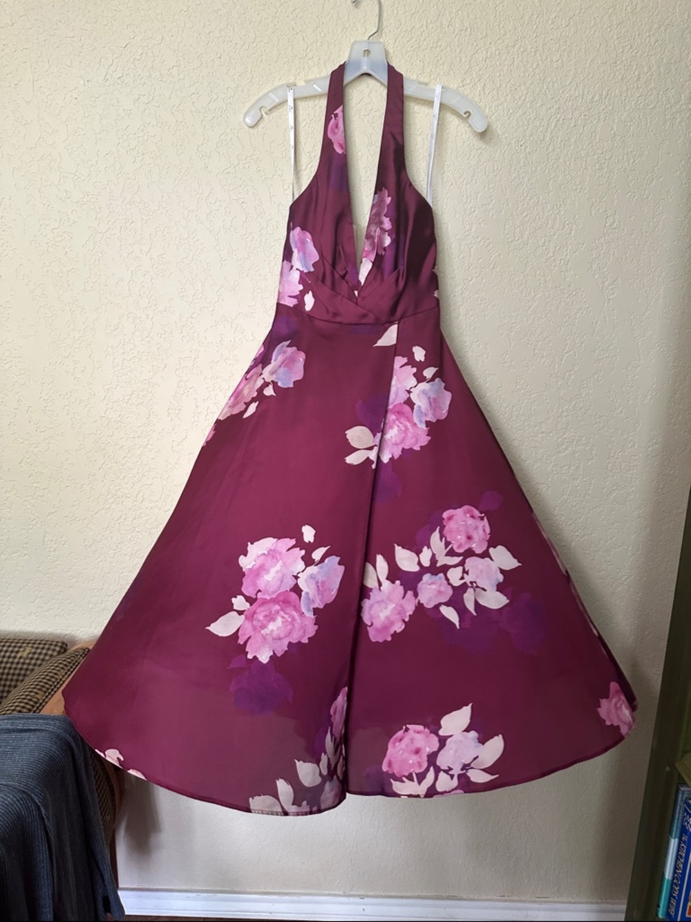 DB Studio Plunge Halter Floral Fit-and-Flare Dress in Plum 6